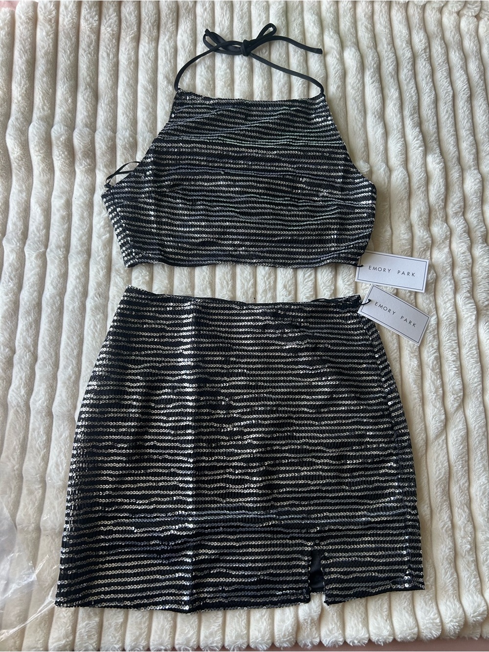 emory park Black and Silver Striped Sequin Halter Skirt Set